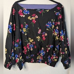 Anthropologie Maeve XL Black Floral Blouse 100% Cotton Elastic Waist Excellent